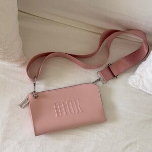 Dior Pink Leather Embossed Crossbody Bag blush mauve authentic makeup pouch LOOK